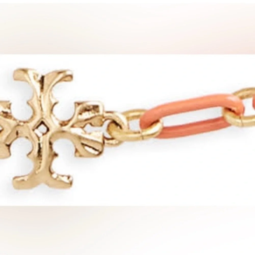 🆕 NWT Tory Burch Roxanne 18K-Gold-Plated & Coral Acrylic Logo Chain Necklace